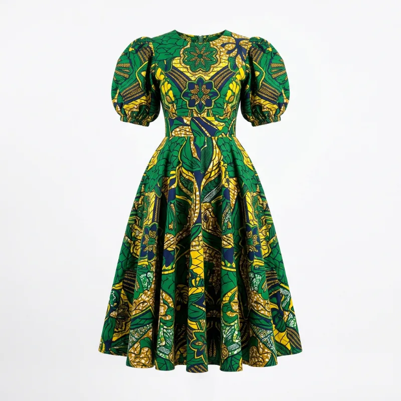Ankara Puff-Sleeve Midi Dress